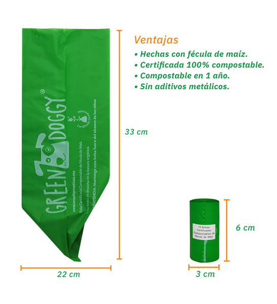 Green Doggy 25 bolsas certificadas compostable para heces de mascota